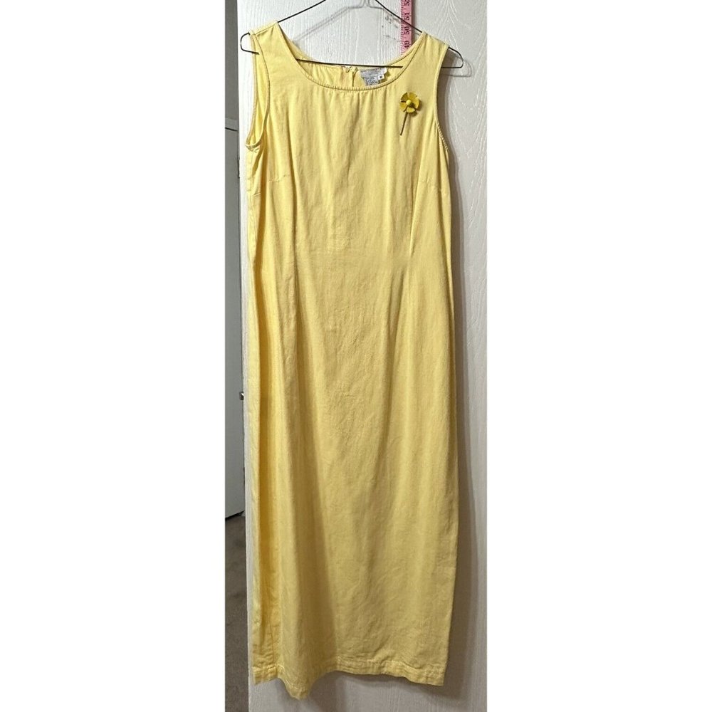 Lew Magram Vintage Sleeveless Solid Yellow Maxi‎ Shift Dress Flower Brooch 10
